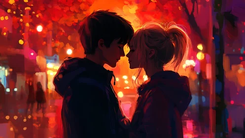 Tender city evening with two lovers sharing quiet light.