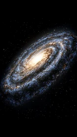 Spiral galaxy glows with dense stellar core and dust arms.