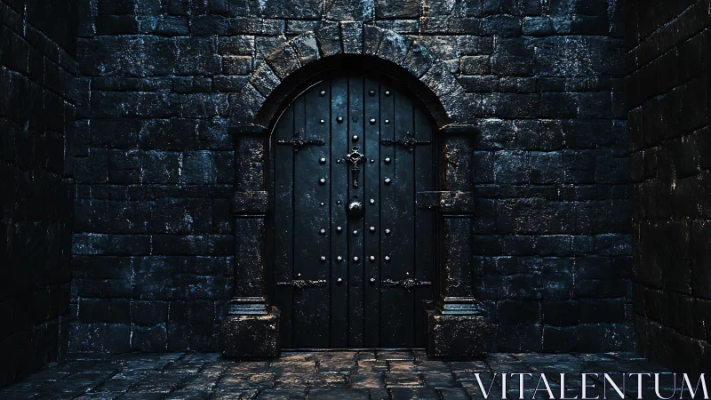 Medieval ironbound door framed by weathered stone archway.