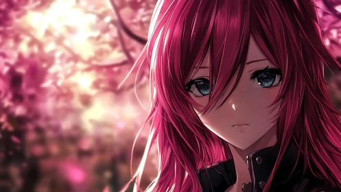 Side portrait shows pink haired anime figure before bokeh field