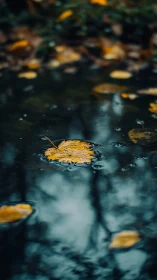 Golden autumn leaf drifts softly across a moody forest pool