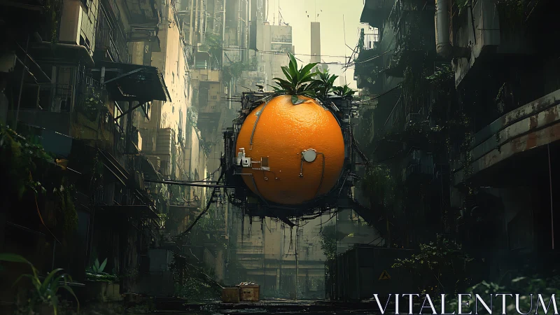 Giant engineered orange hovering in dense urban ruins.