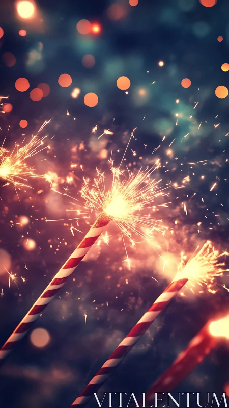 Striped sparklers burn against blurred festive bokeh lights