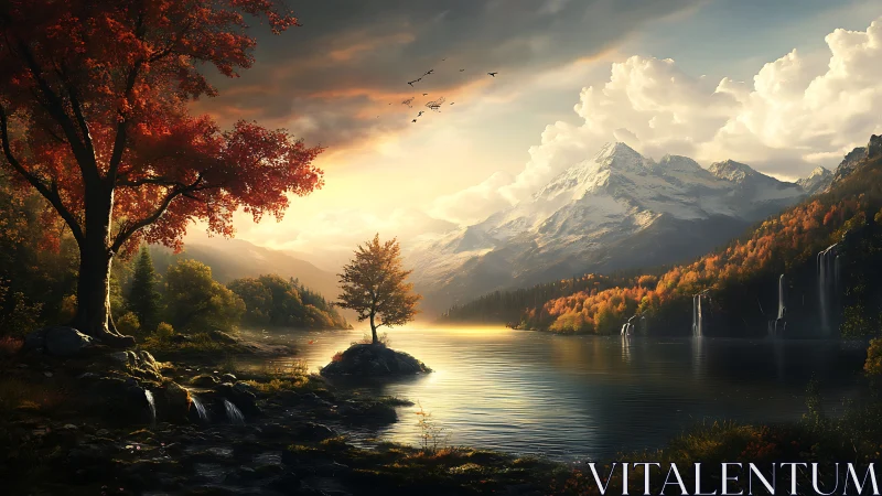 Digital painting of autumnal lake valley with alpine backlight.