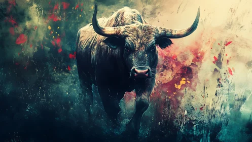 Dynamic charging bull rendered in high-contrast digital brushwork and mist