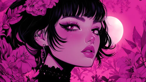 High-contrast magenta portrait with floral frame and lunar backlight