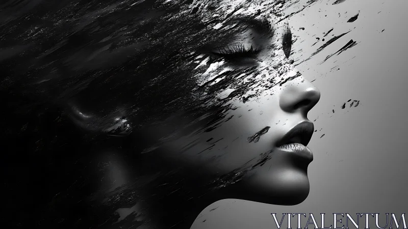 Gentle profile emerging from swirling ink and silence.