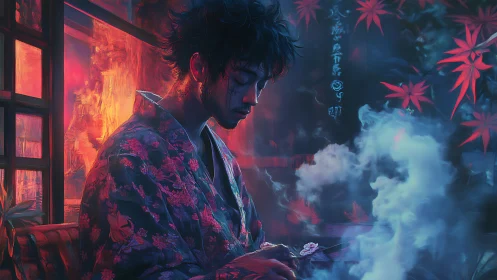 Melancholic man in kimono amid neon fire and drifting smoke.