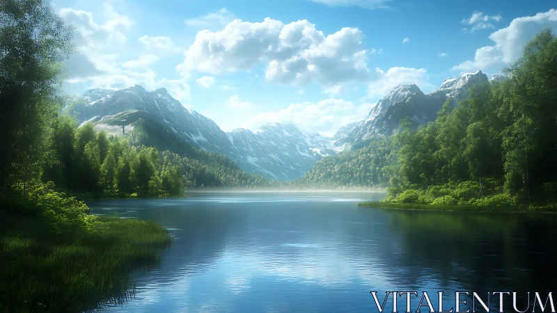 Mountain lake valley under bright summer daylight glow.