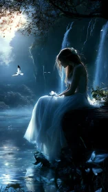 Moonlit maiden rests by a waterfall in gentle, dreamy quiet