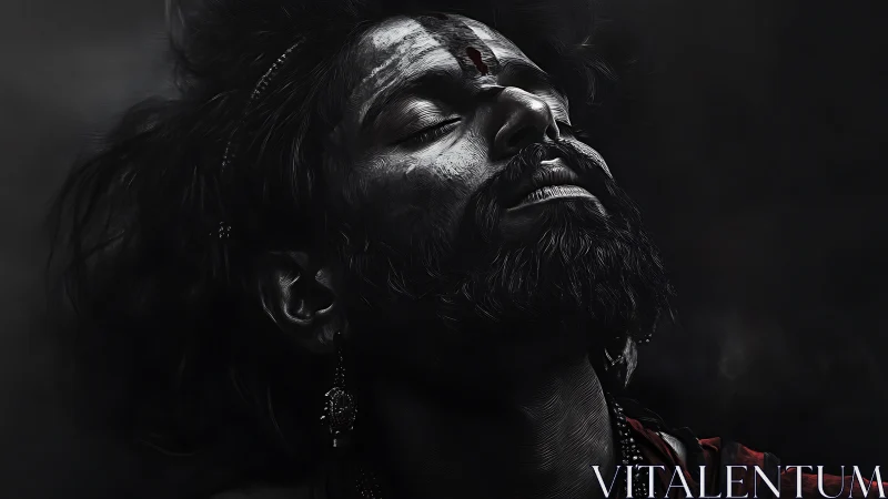 Intense bearded portrait captures mystical inward gaze.