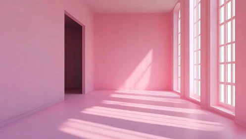 Minimalist pink interior with elongated window light study.