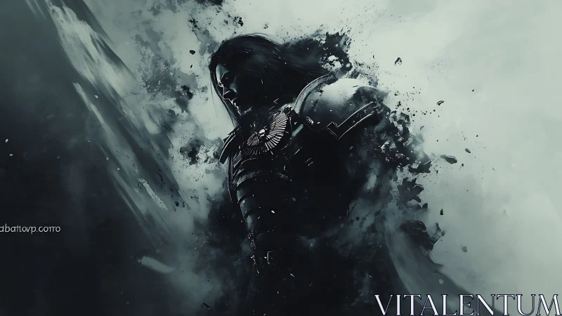 Dark armored warrior dissolving into storm fragments.