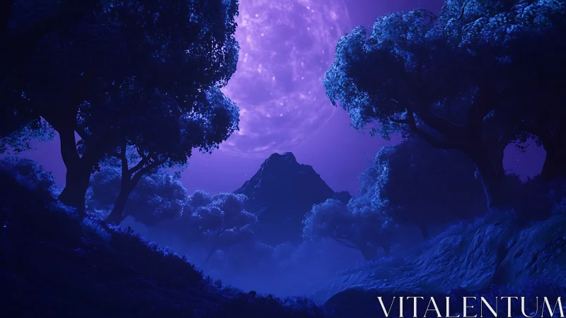 Moonrise over indigo forest paths and a dreaming peak.
