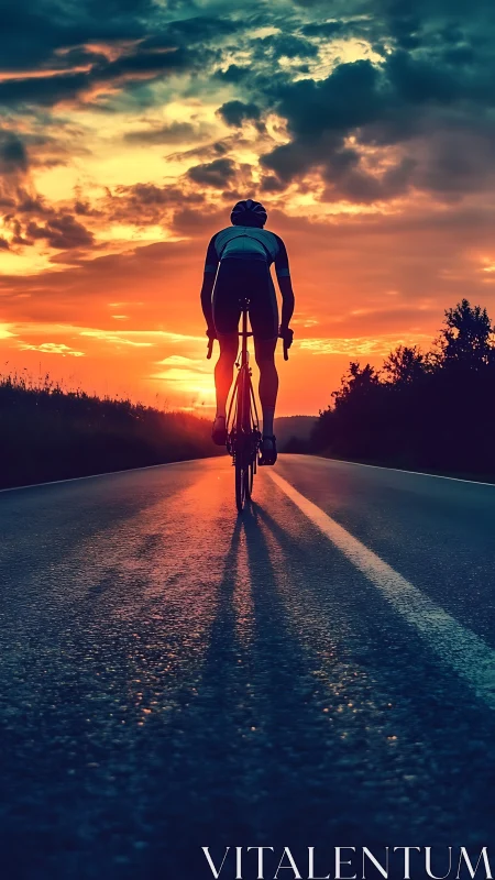 Cyclist Ascending Rural Road at Dramatic Golden Sunset