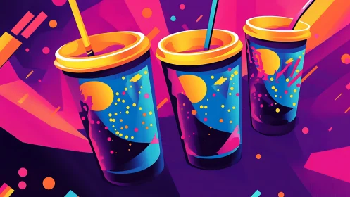 Neon soda trio splashes through a retro cosmic nightscape.