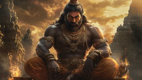 Muscular seated figure in ornate gold armor before burning ruins