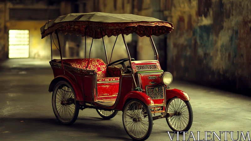 Vintage red rickshaw car waiting in a quiet sunlit lane.