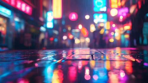 Rainy neon street glowing with soft night reflections.