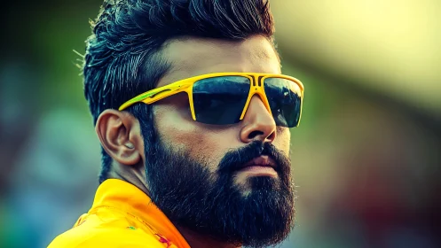 Cool bearded trendsetter in bold yellow sunglasses outdoors.
