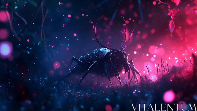 Neon-lit stag beetle strides through an ethereal forest.