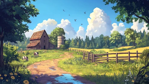 Rural farm path under bright sky with barn and pasture.