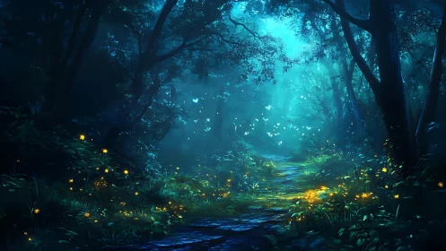 Enchanted Forest Path with Luminescent Flora and Ethereal Light.