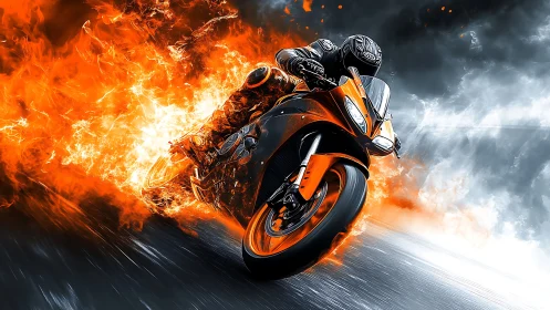 Motorcycle and rider rendered in dynamic orange flame motion