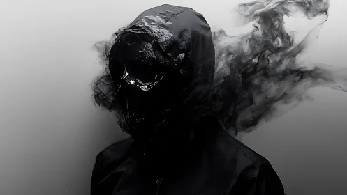 Dark hooded figure dissolves into swirling black smoke shapes