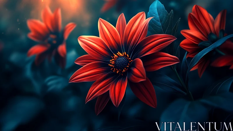 Red Dahlias in Dark Blue Garden Setting