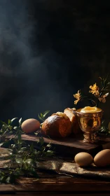 Rustic sponge cake and eggs on dark wooden table.