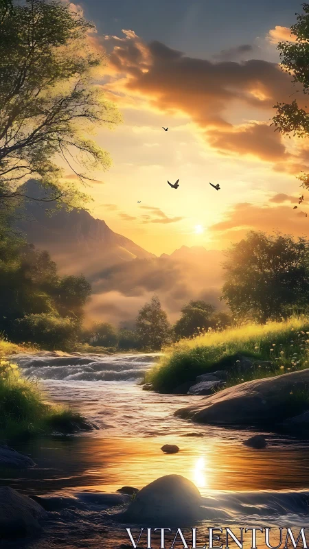 Golden river sunset under glowing clouds and distant hills.