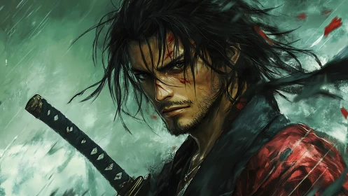 Battle-worn ronin in dynamic close-up digital portrait study