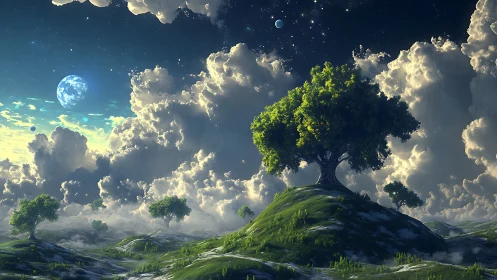 Luminous alien hillside trees under vast nebula sky.