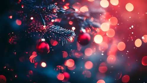 Crimson baubles glow on a winter tree bathed in festive bokeh.