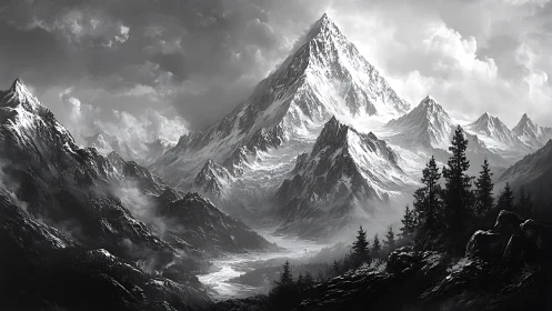 Snow crowned mountains rise above a calm misty valley