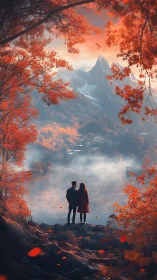 Couple standing by misty mountain lake framed by autumn foliage.