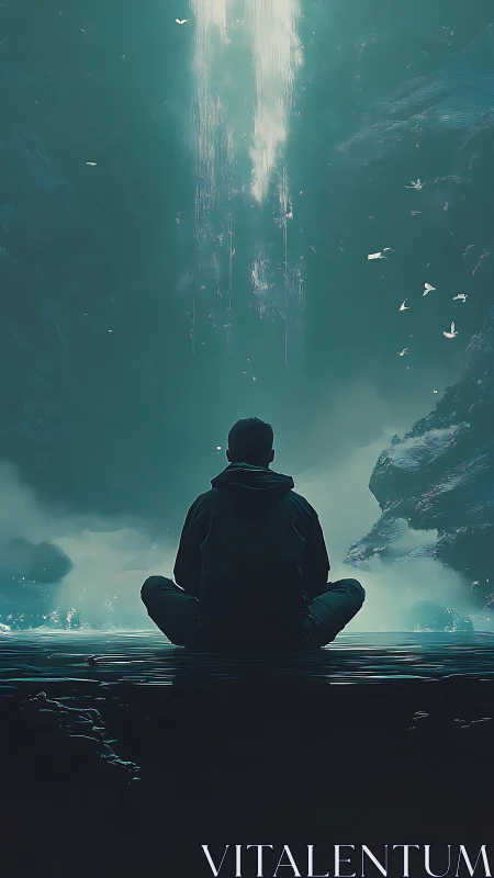 Quiet soul relaxes beneath a glowing waterfall of calm light