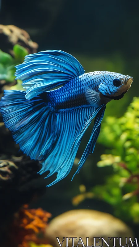 Brilliant blue betta fish glides through lush aquarium plants.
