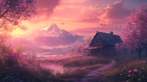 Sunlit alpine cottage framed by blossom fields at dusk