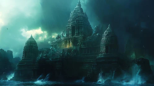 Storm-lit ocean temple rises from mist and crashing waves.