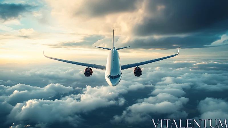 Commercial jetliner cutting through dramatic sunset clouds.