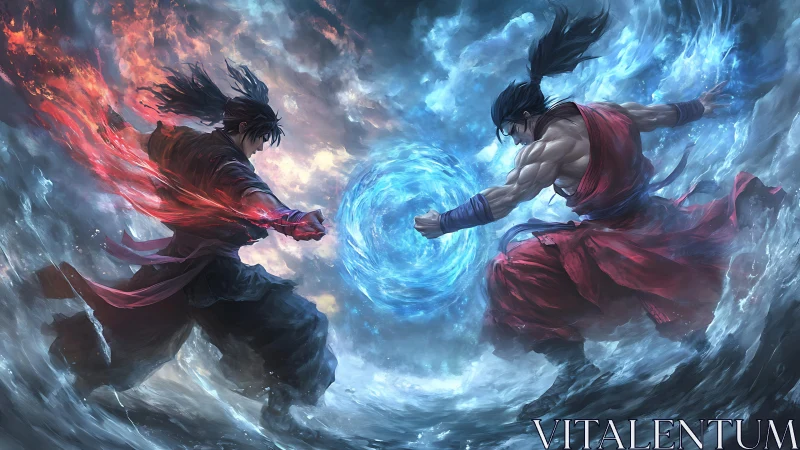 Two martial warriors clash with opposing elemental powers