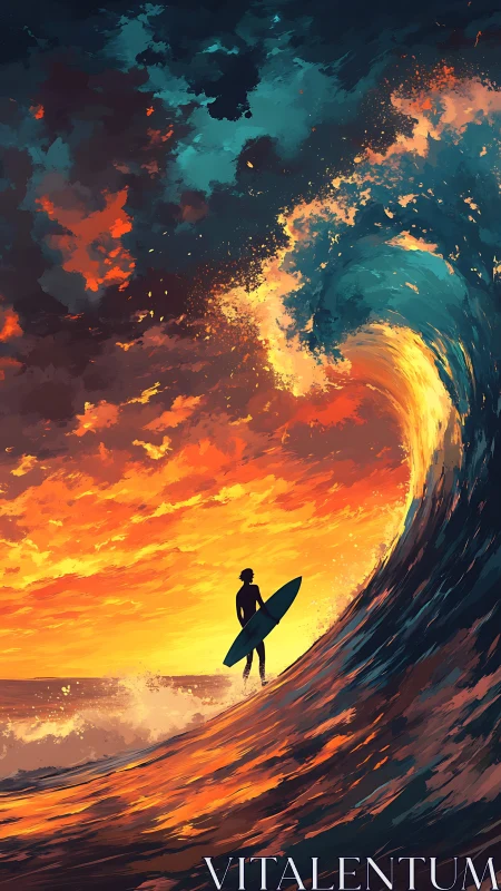 Surfer watching a fiery sunset wave in glowing ocean light.