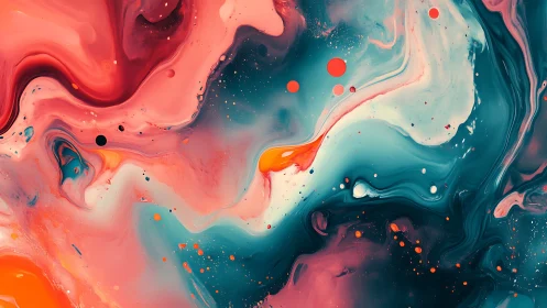 Vibrant fluid abstract with teal, coral, and orange currents.