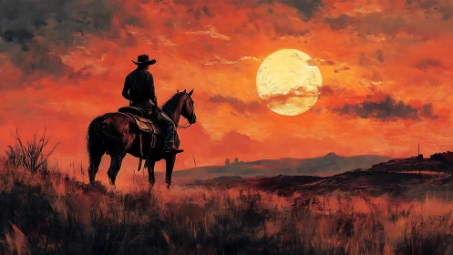 Equestrian silhouette surveying incandescent frontier dusk.