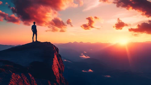 Silhouette on cliff watching radiant mountain sunrise sky.