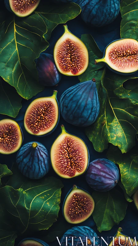 Ripe figs rest on lush green leaves in rich moody lighting