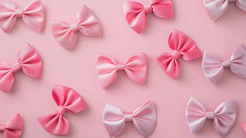 Arrangement of pink fabric bows on uniform pastel background.