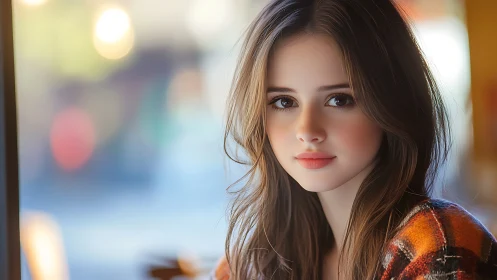 Young woman portrait in softly lit indoor environment.